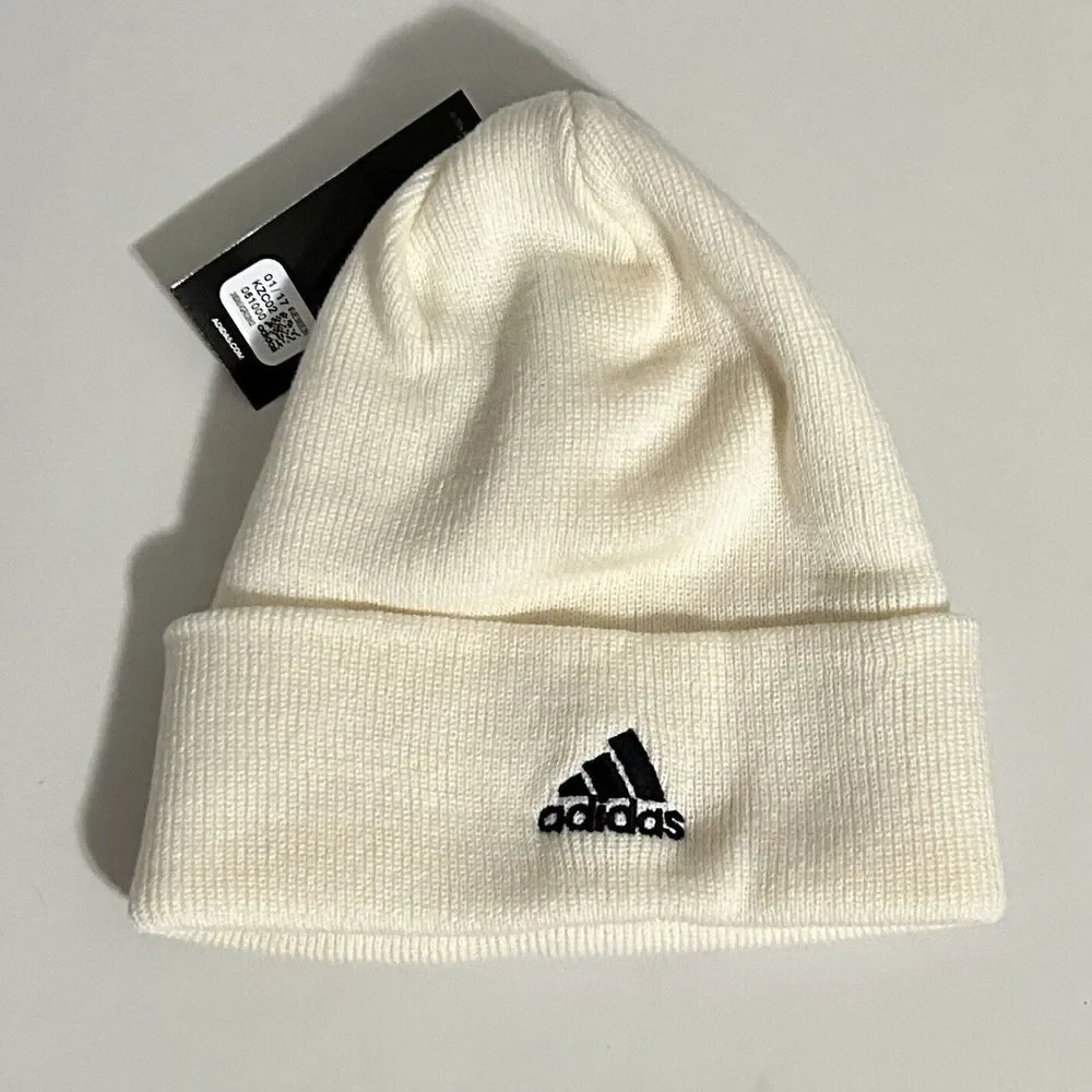 Adidas Three Stripe One Size Cream White Black Fold Knit Hat Cap Beanie